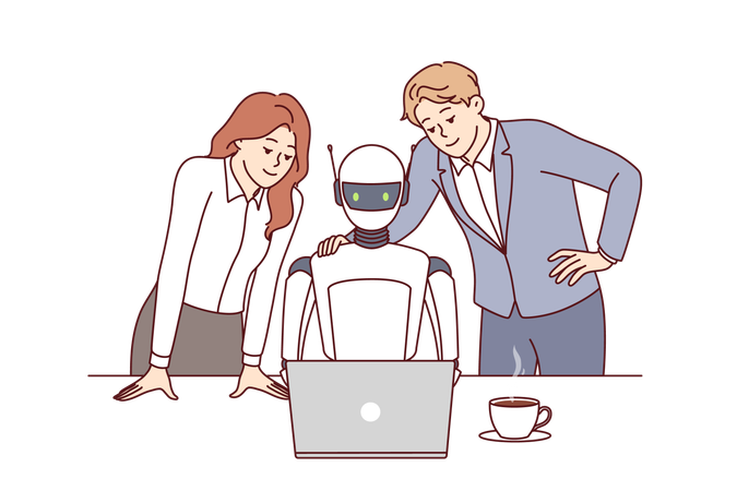 Funcionário robô da empresa e dois colegas humanos trabalhando juntos  Ilustração
