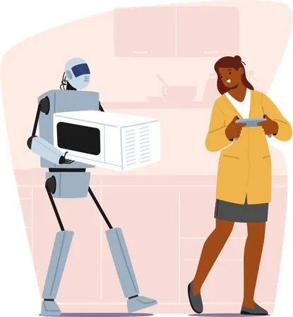 Robô útil futurista ajuda uma mulher  Ilustração