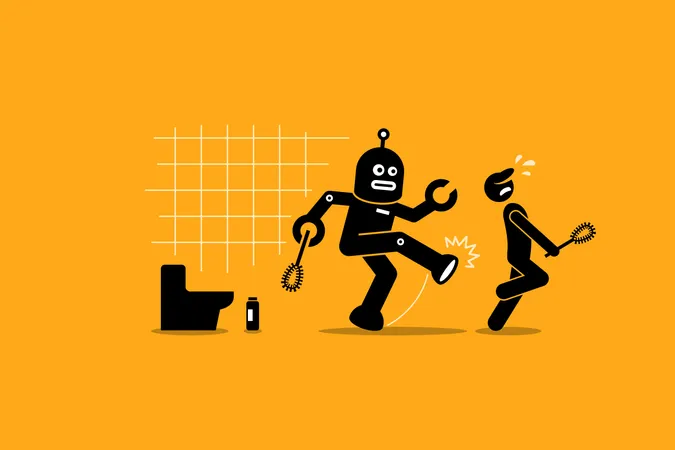 Robô limpador expulsa um zelador humano de fazer seu trabalho de limpeza no banheiro  Ilustração
