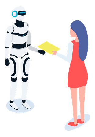 Máquina automática de robô se comunicando com mulher  Ilustração