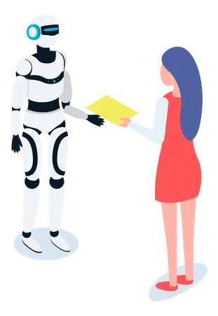 Máquina automática de robô se comunicando com mulher  Ilustração