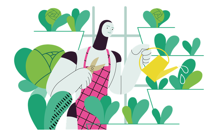 Robô na fazenda bio-robô envolvido em atividades agrícolas  Ilustração