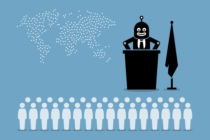 Presidente robô e governo inteligente artificial controlando o país e o mundo a partir de humanos  Ilustração