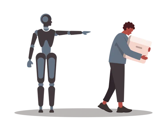 Robo Substitui O Humano No Escritorio Ideia De Inteligencia Artificial E Competicao Entre Personagem E Ciborgue Funcionario Demitido Vetor De Ilustracao Plana Isolada Ilustração