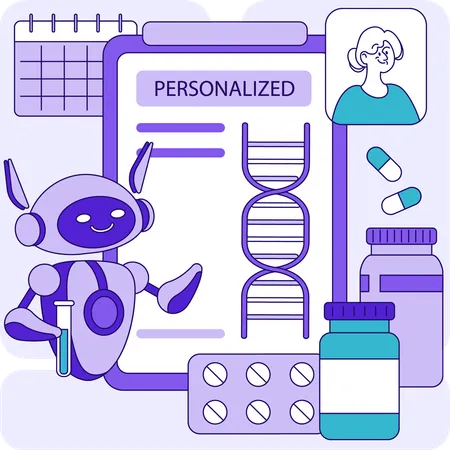 Robô verificando relatório de DNA enquanto dá remédio  Ilustração