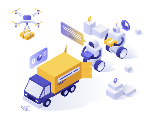 Robôs carregando caixas em caminhão de entrega e drone quadricóptero voador  Ilustração