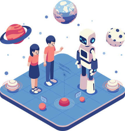 Robôs com IA ensinam e explicam a exploração espacial para crianças. IA e exploração espacial para crianças  Ilustração
