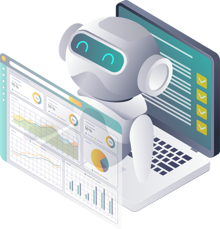 Robôs de Inteligência Artificial auxiliando na análise de dados  Ilustração