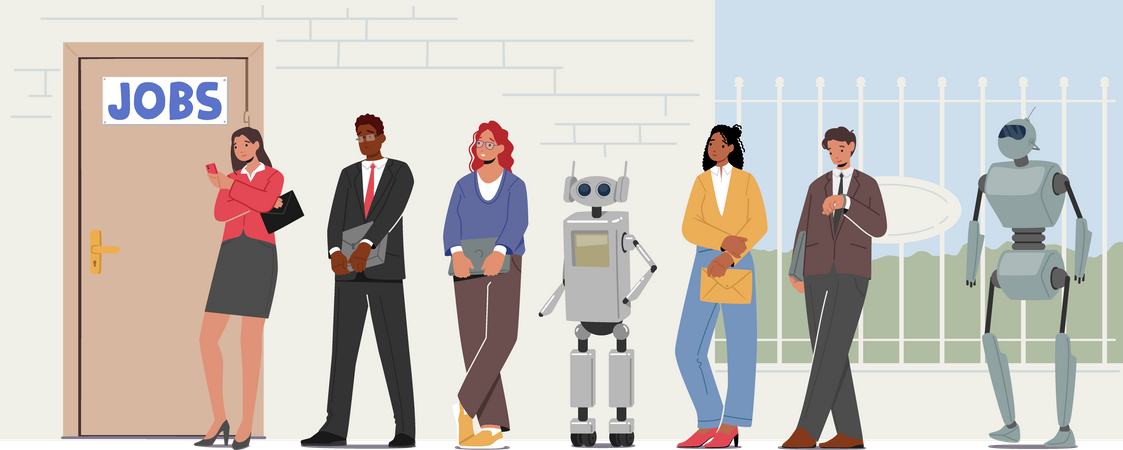 Robôs e humanos esperando no lobby na fila esperando entrevista de emprego  Ilustração