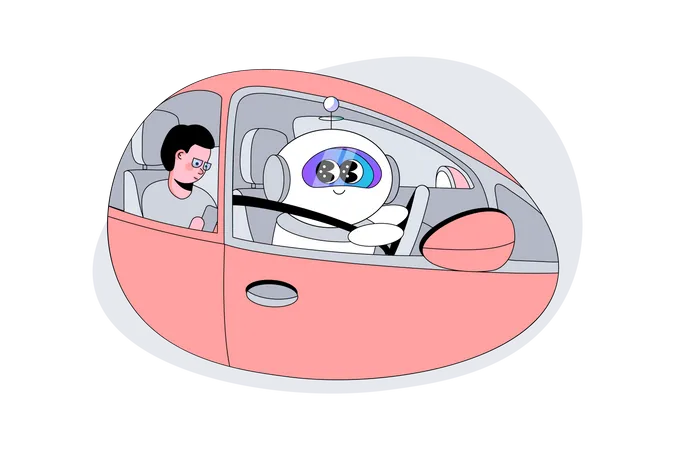 Robot AI Transporting Human in Car  Illustration