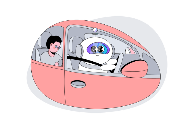 Robot AI Transporting Human in Car  Illustration