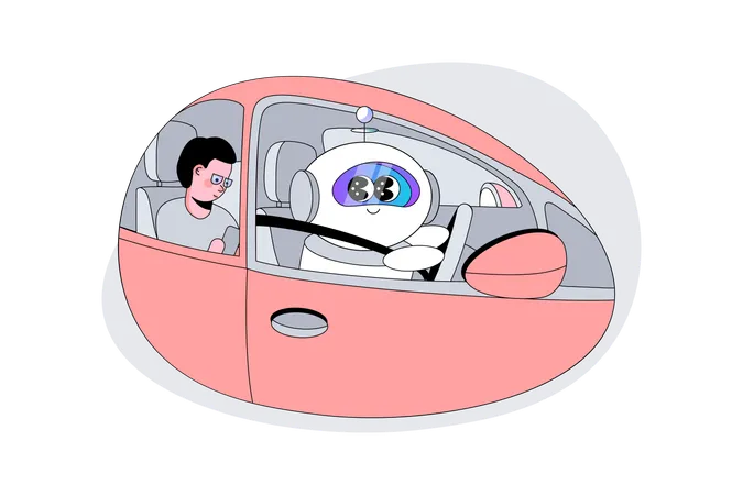 Robot AI Transporting Human in Car  Illustration