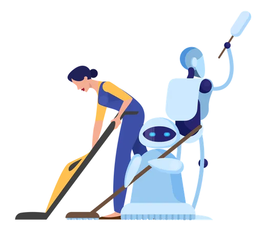 Robot Nettoyeur Et Personnage Feminin Idee De Technologie Futuriste Androide Avec Balai Illustration Vectorielle Isolee En Style Dessin Anime Illustration