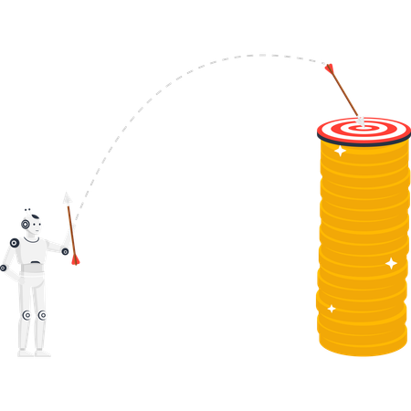 Robot aiming arrow at financial target on stack of gold coins for investment success  Illustration