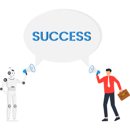 Robot and businessman announcing success with megaphones representing human and AI collaboration  Illustration