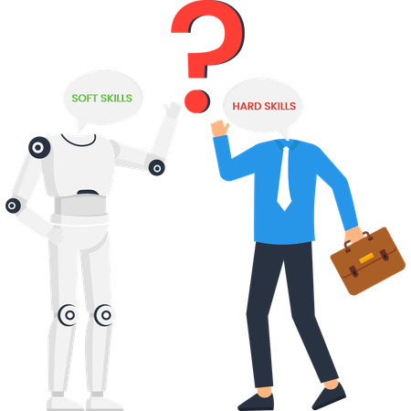Robot and businessman comparing soft skills vs hard skills with a question mark, a concept of artificial intelligence and the future of work Illustration