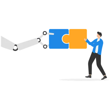 Robot and businessman holding puzzle  Illustration