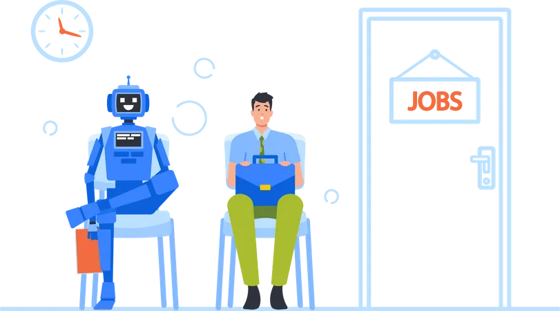 Robot And Businessman Sitting In Lobby Waiting Invitation For Job Interview Human And Machine Characters Hiring In Office Hr Robotization Cyborg VS People Concept Cartoon Vector Illustration Illustration