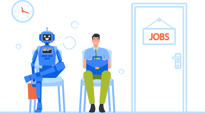 Robot and Businessman Waiting for Job Interview  Illustration