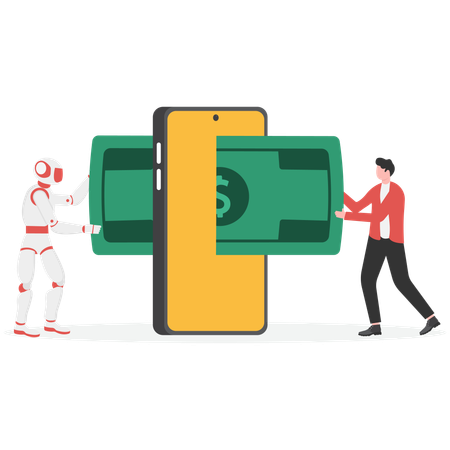 Robot and businessman with currency  Illustration