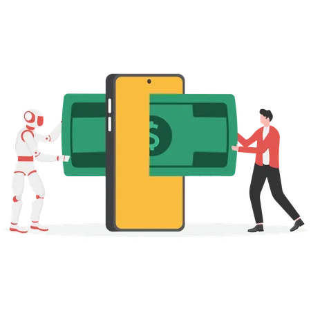 Robot and businessman with currency  Illustration
