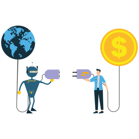 Robot and employee connects money idea  Illustration