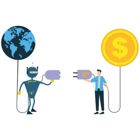 Robot and employee connects money idea  Illustration