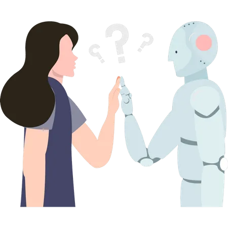 Robot and girl touching hands  Illustration