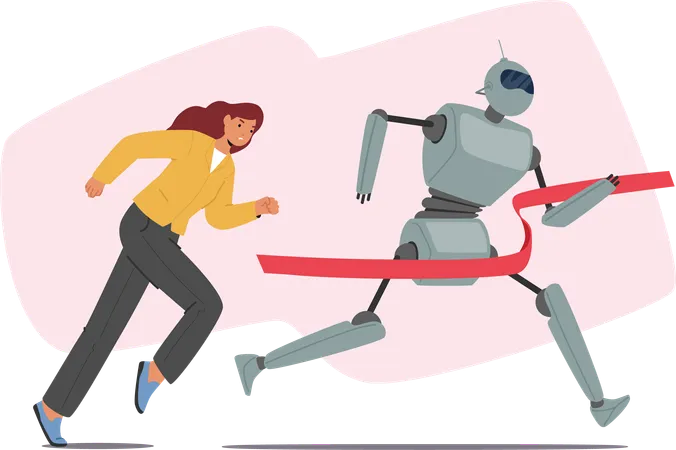 Thrilling Robot And Human Race Competition Futuristic Machine And Determined Female Character Sprint Side By Side Showcasing Dynamic Clash Between Technology And Human Cartoon Vector Illustration Illustration