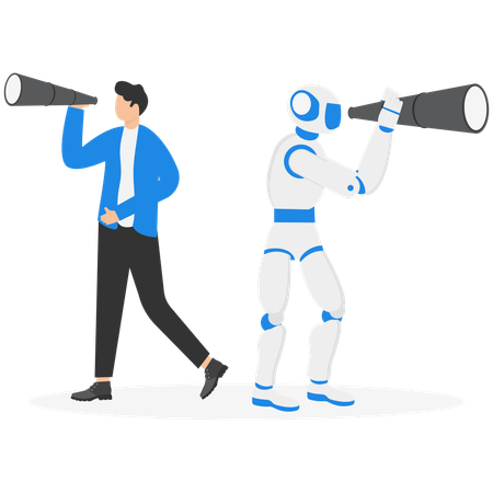 Robot and human searching for business opportunity  Illustration