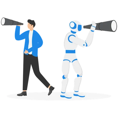 Robot and human searching for business opportunity  Illustration