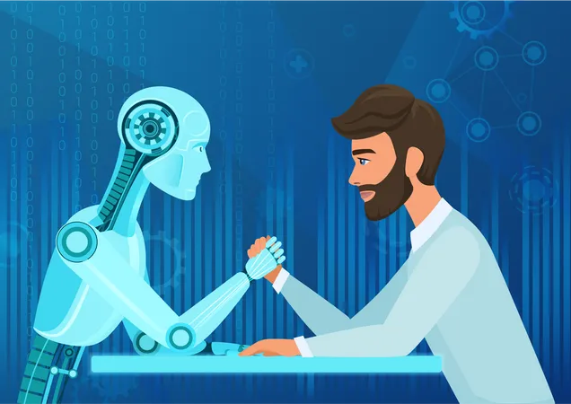 Robot And Man Doing Hand Wrestling  Illustration