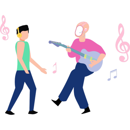 Robot and man is dancing on guitar  Illustration