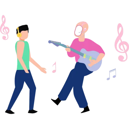 Robot and man is dancing on guitar  Illustration
