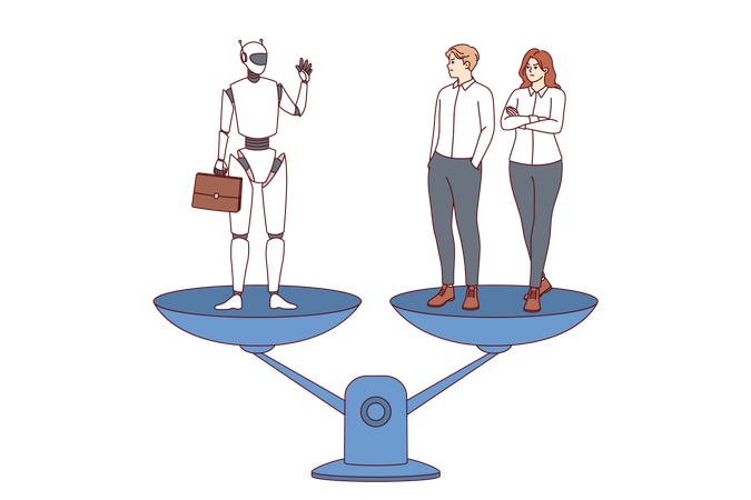Robot and office workers stand on different scales  Illustration