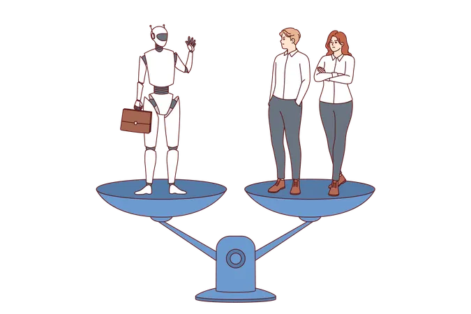 Robot and office workers stand on different scales  Illustration
