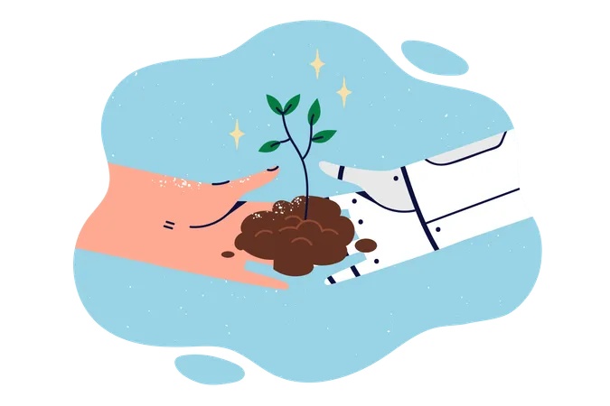 Robot And Person Plant Tree Together To Save Environment And Help Restore Nature Or Stop Climate Change Concept Of Synergy Between People And AI In Solving Environmental Problems And Reforesting Illustration