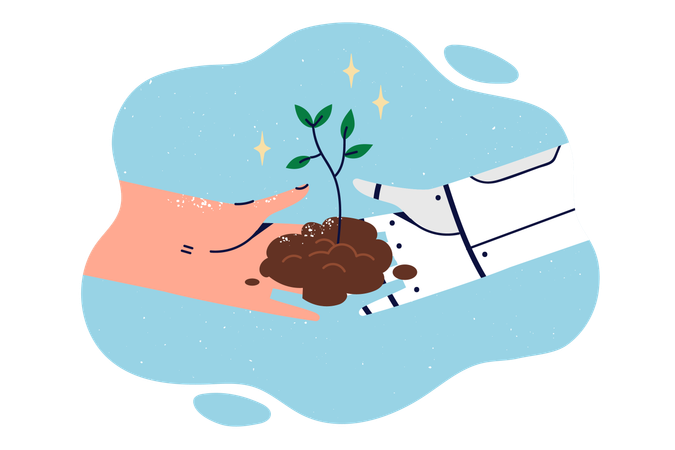 Robot and person plant tree together to save environment  Illustration