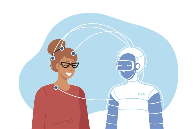 Robot and woman connected by wires while transferring information from human to cyborg  Illustration