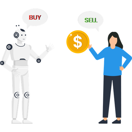 Robot and woman with buy and sell signals for automated stock trading and fintech  Illustration