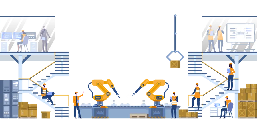 Robot Arms Machine In Intelligent Factory Industrial On Monitoring System Software Production Line With Workers Automation And User Interface Concept Smart Industry 4 0 イラスト