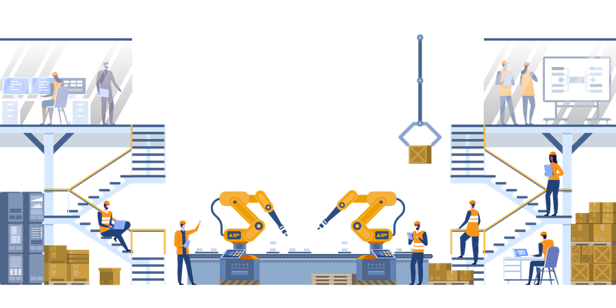 Robot arms machine in intelligent factory industrial on monitoring system software  Illustration