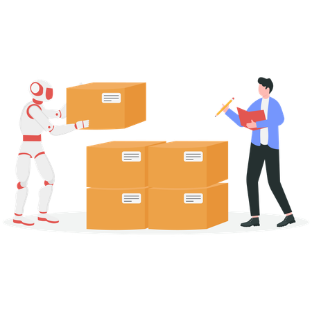 Robot arranging logistic in warehouse with man  Illustration