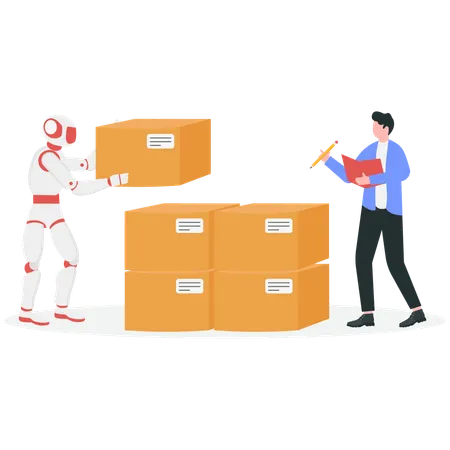 Robot arranging logistic in warehouse with man  Illustration