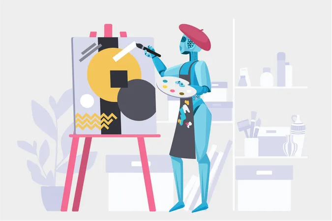 Art Content Generation Using AI Robot Artist Painting Creative Picture On Easel Cyborg In Painters Beret And Apron Holding Brush To Create Digital Image In Workshop Cartoon Vector Illustration Illustration