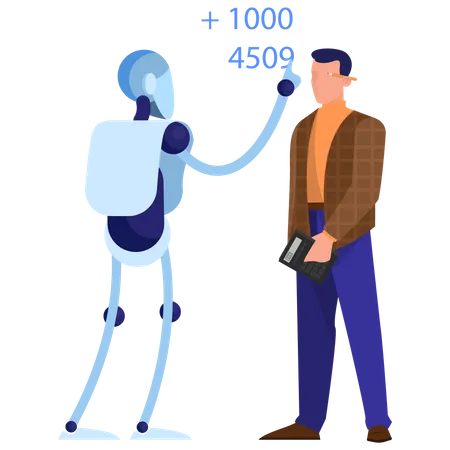 Robot As A Bookkeeper Idea Of Artificial Intelligence And Futuristic Technology Robotic Character Help A Man To Do A Complicated Calculations Isolated Flat Vector Illustration Illustration
