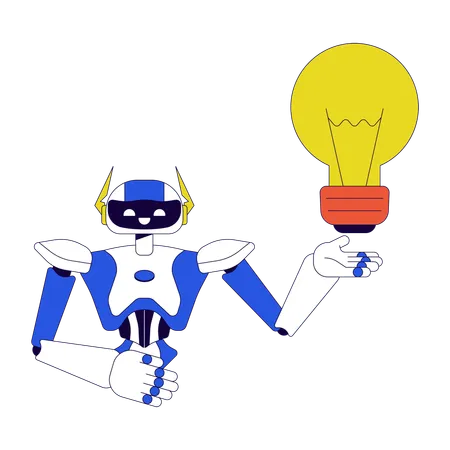 Robot Assistant Generating Idea 2 D Linear Cartoon Character Technology Innovation Robotics Humanoid Isolated Line Vector Personage White Background Lightbulb Holding Color Flat Spot Illustration Illustration
