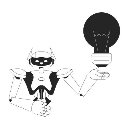Robot Assistant Generating Idea Black And White 2 D Line Cartoon Character Robotics Holding Lightbulb Isolated Vector Outline Personage Technology Innovation Monochromatic Flat Spot Illustration Illustration