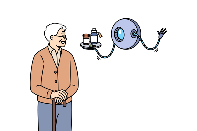 Robot assistant helps elderly person by bringing medications to combat age-related diseases  Illustration