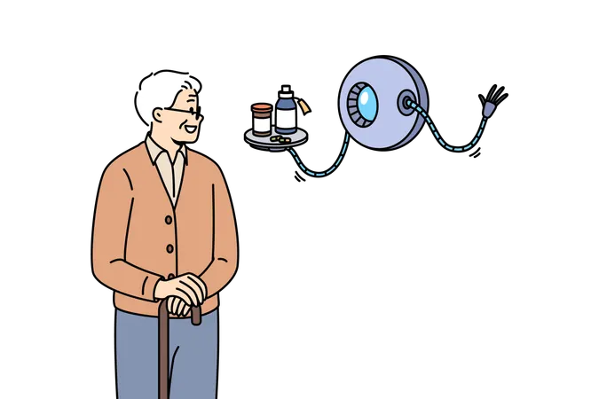 Robot assistant helps elderly person by bringing medications to combat age-related diseases  Illustration